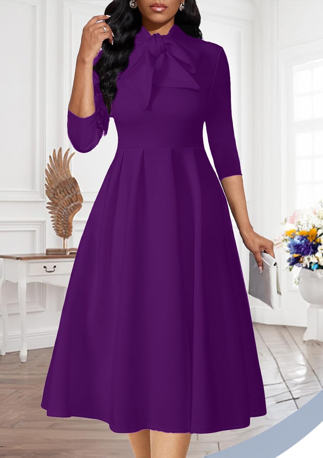 Church Dresses for Women Midi A-Line Fit and Flare Dress 3/4 Sleeve Elegant Party Dress - Image 2