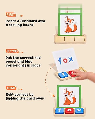 Miniatura 2 de Letras de lectura de vocales cortas de madera, juegos de ortografía con caja de almacenamiento, JoyCat CVC Sight Words Learning Flashcards Alphabet