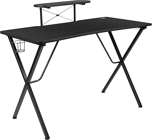 Miniatura 427 de Flash Furniture Juego de escritorio para juegos negro y silla de carreras blanco/negro con soporte para tazas, gancho para auriculares y soporte