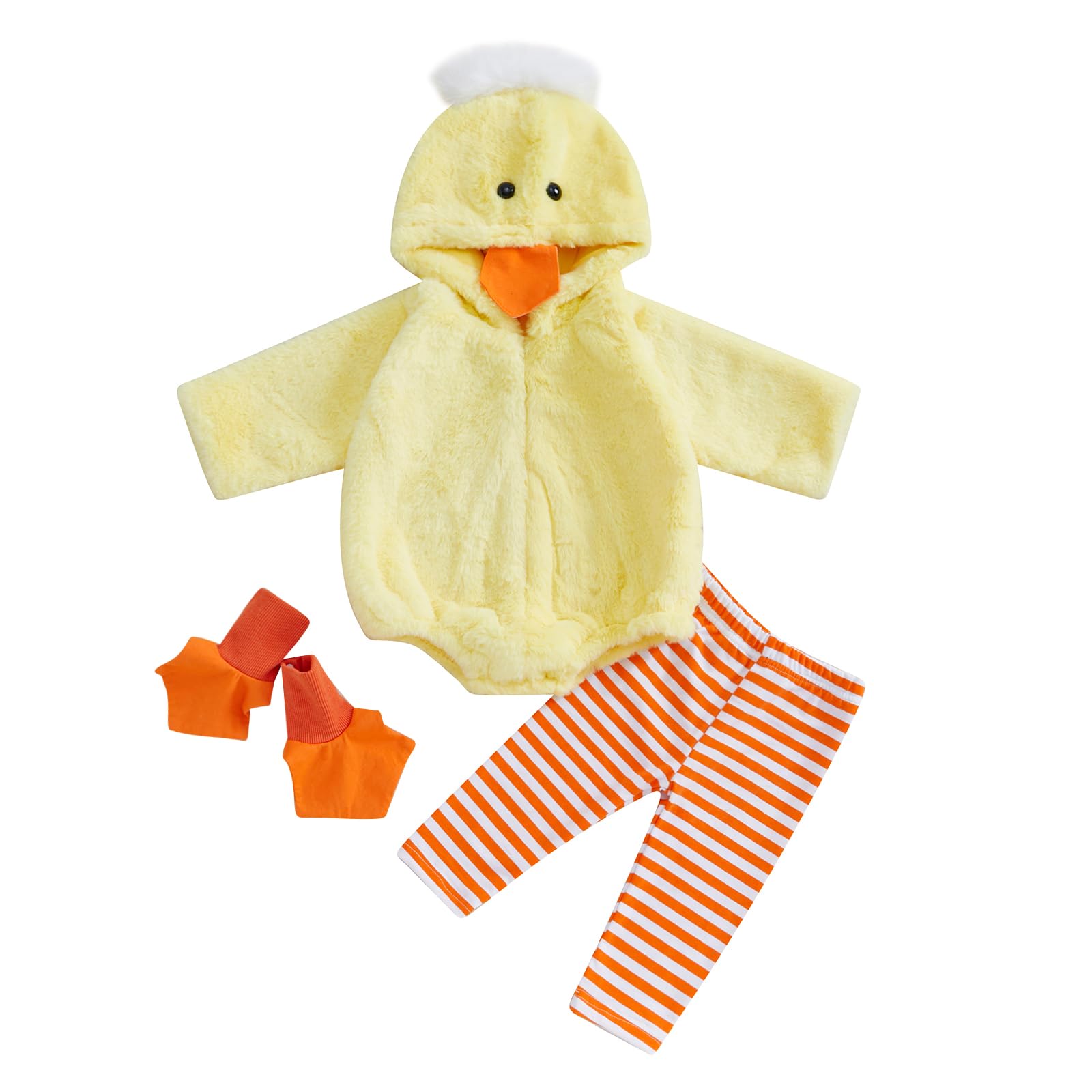 Twopumpkin Baby Chick Halloween Costumes Cute Infant Toddler Girl Boy Duck Costume Cape Sleeve Fuzzy Romper+Striped Leggings