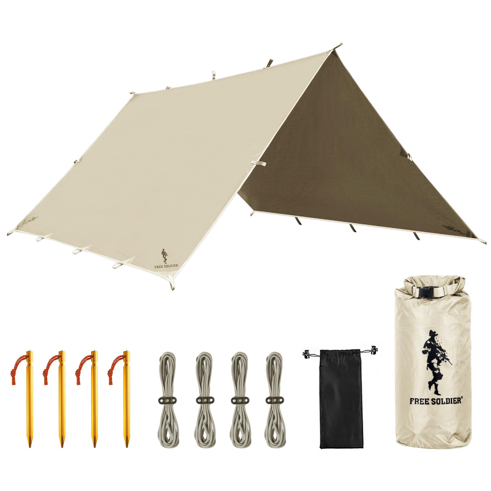 FREE SOLDIER Camping Tarp Waterproof 3m x 3.2m Large Hammock Tent Tarp Portable Tarpaulin Anti-UV Shelter Sun Block Sunshade Awning for Camping Hiking Traveling Outdoor Sports (Beige with Nails) — image 1