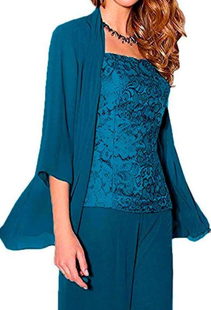 Botong Women's Teal 3 Pieces Chiffon Mother Of The Bride Dress Pants Suits Wedding Outfit Lace Evening Dress Uk20