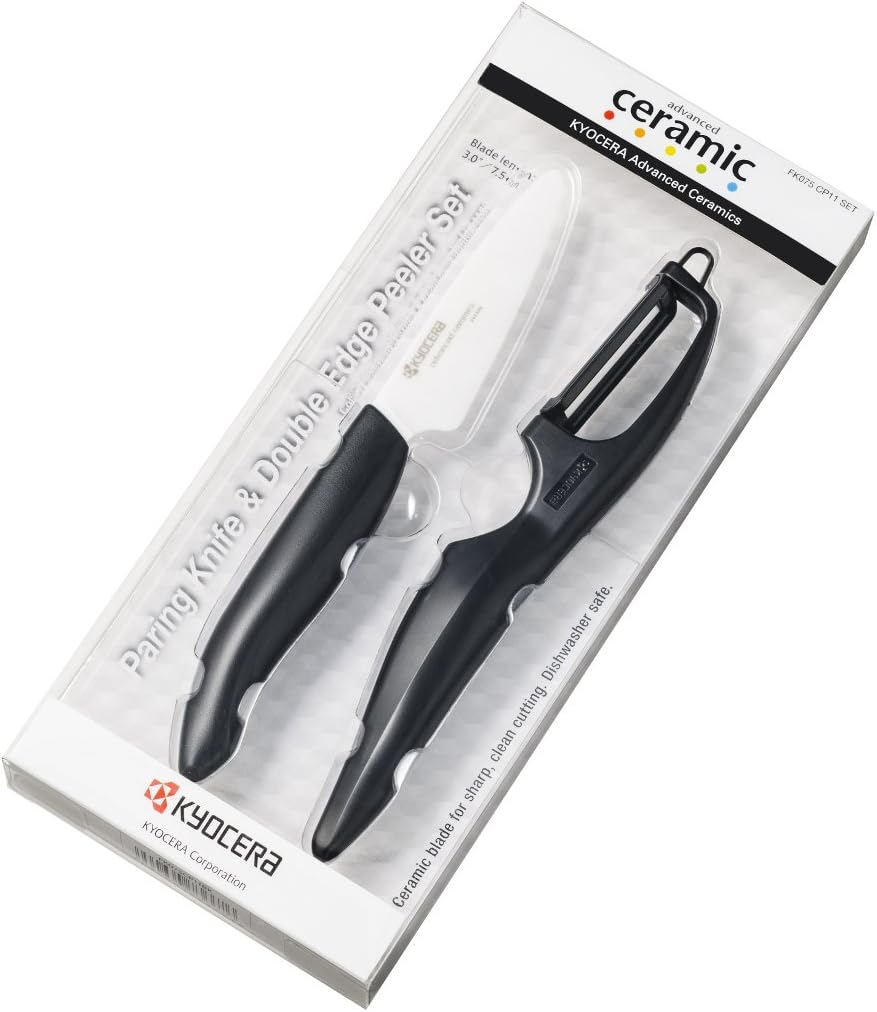 Kyocera Advanced Ceramic 3-inch Paring Knife with Vertical Double Edge Peeler, Black
