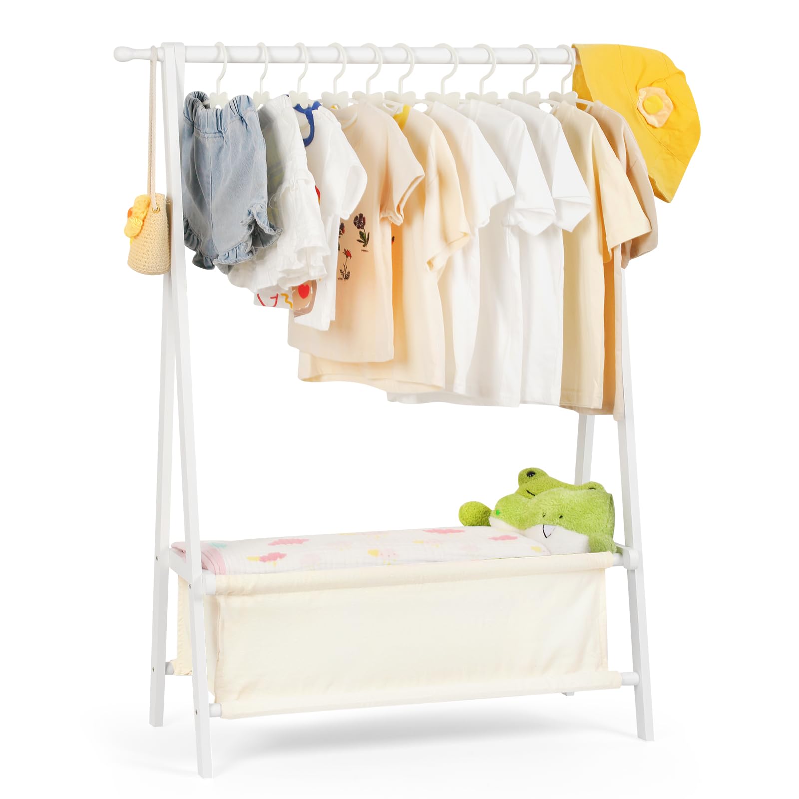 Appendiabiti per bambini con portaoggetti, appendiabiti per bambini, piccoli indumenti, per costumi, in bambù (bianco)