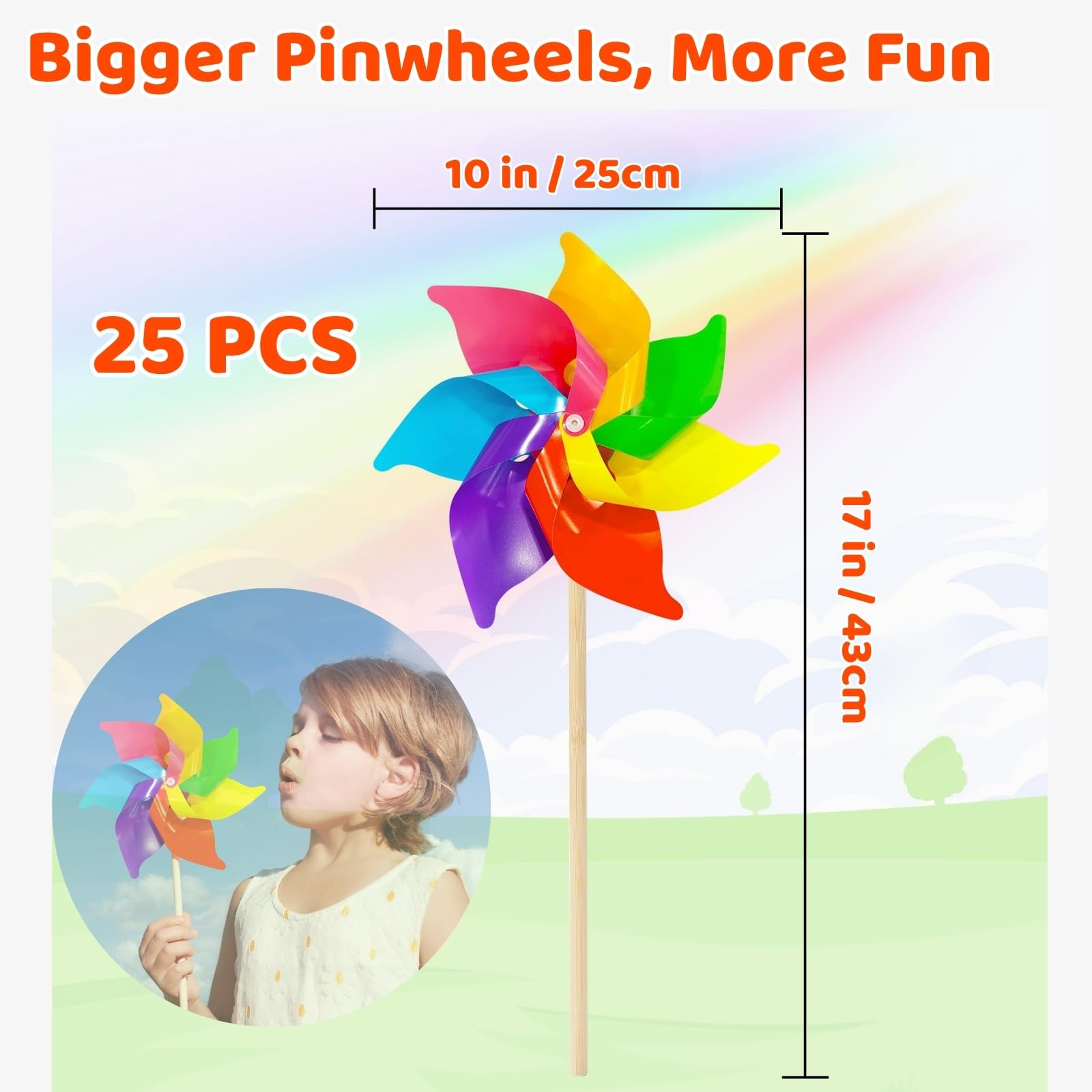 25 PCS Rainbow Flower Pinwheels, 17 Inch Plastic Colorful Windmills with Wood Sticks for Lawn Patio Garden Picnic Party Yard Decoration - Image 2