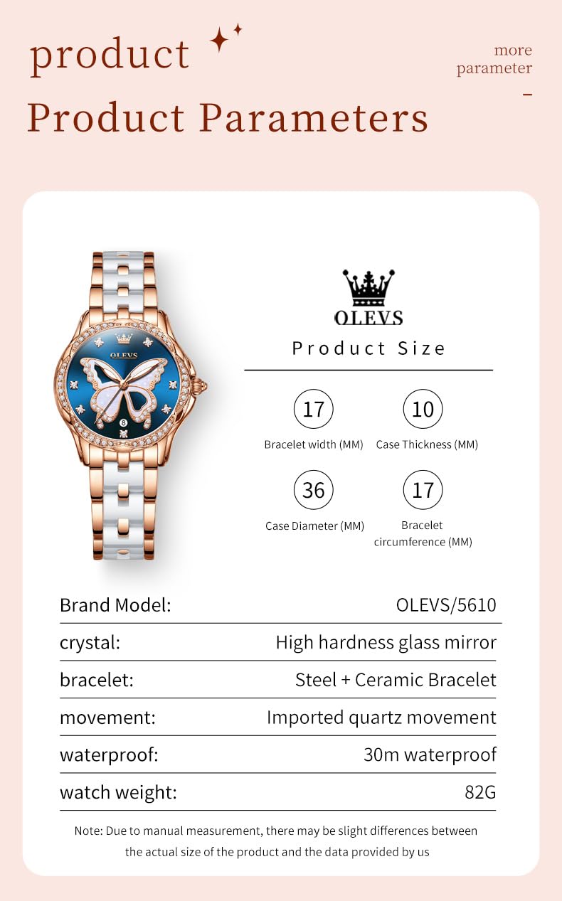 OLEVS Damen-Diamantuhr Elegante Luxus-Armbanduhr Damenuhr aus Roségold mit Keramikglas