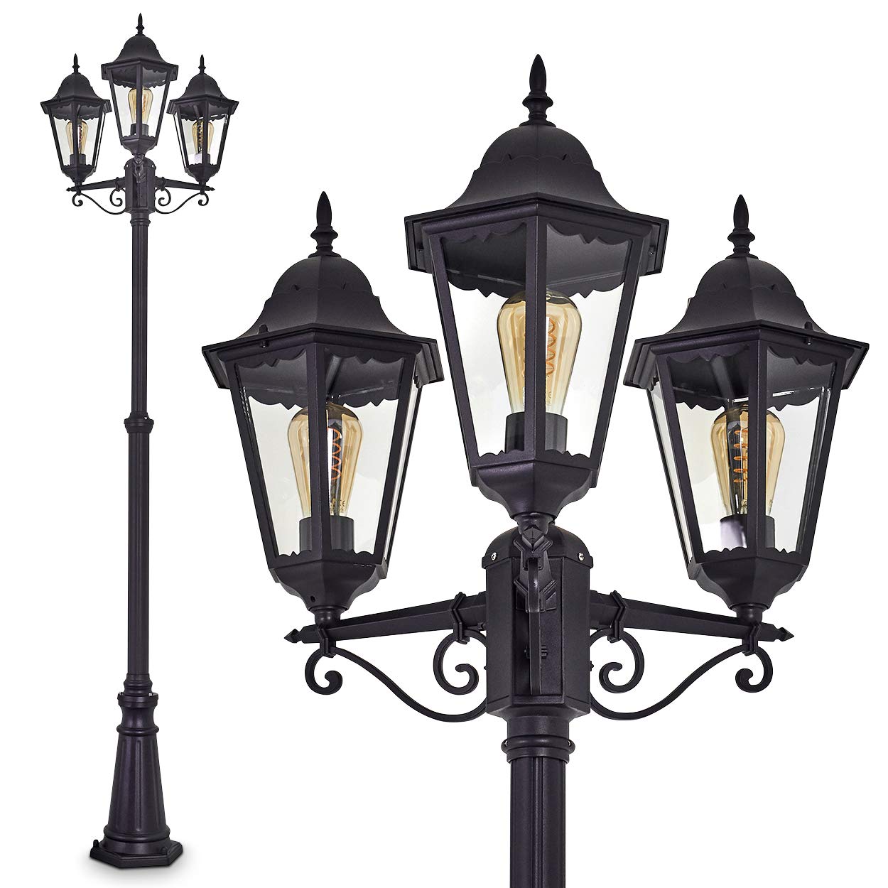 Hofstein Black, Transparent, Clear Outdoor Lamp Hong Kong, Candelabra In Antique Look, Cast Aluminium In Matt Black With Clear Glass Panes, 3-Arm Path Light, Height Adjustable, Retro/Vintage Garden Lamp, E27 Socket, Ip44, Without Bulb