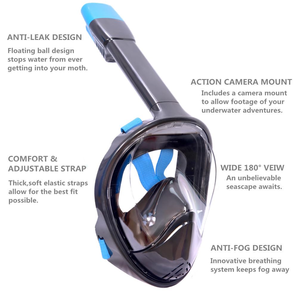 Wsobue Maschera Subacquea, Maschera da Snorkeling per Adulti,Visuale Panoramica 180° Design Pieno Facciale e Compatibile con Videocamere Sportive Maschera per Immersioni
