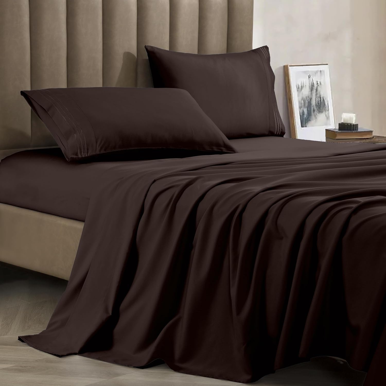 CELINE LINEN Best, Softest, Coziest Bed Sheets Ever! 1800 Premier Hotel Quality Wrinkle-Resistant 4-Piece Sheet Set with Deep Pockets, California King, Chocolate Brown