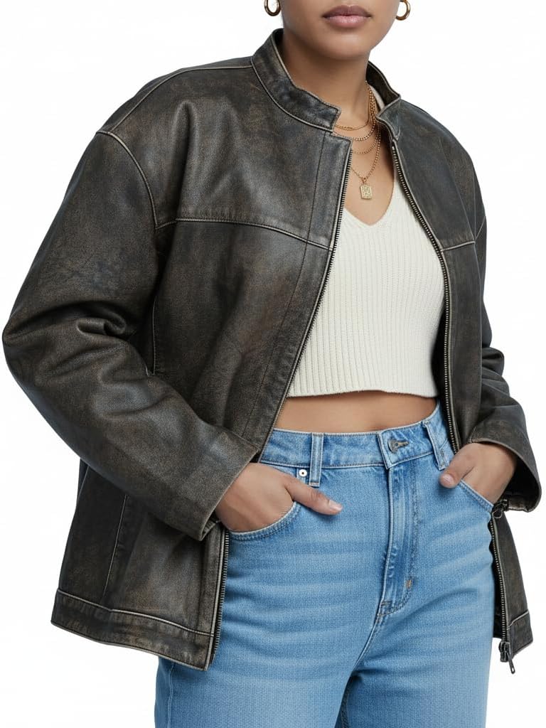 Women’s Oversized Vintage Leather Bomber Jacket – Genuine Lambskin, Distressed, Drop-Shoulder, Zip-Front