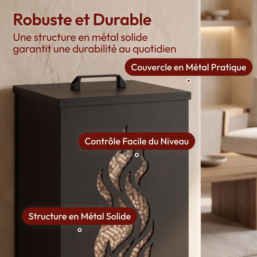 CASABEL Réservoir Pellets & Granulés avec Roulettes, Cap.45kg, Motif Flamme