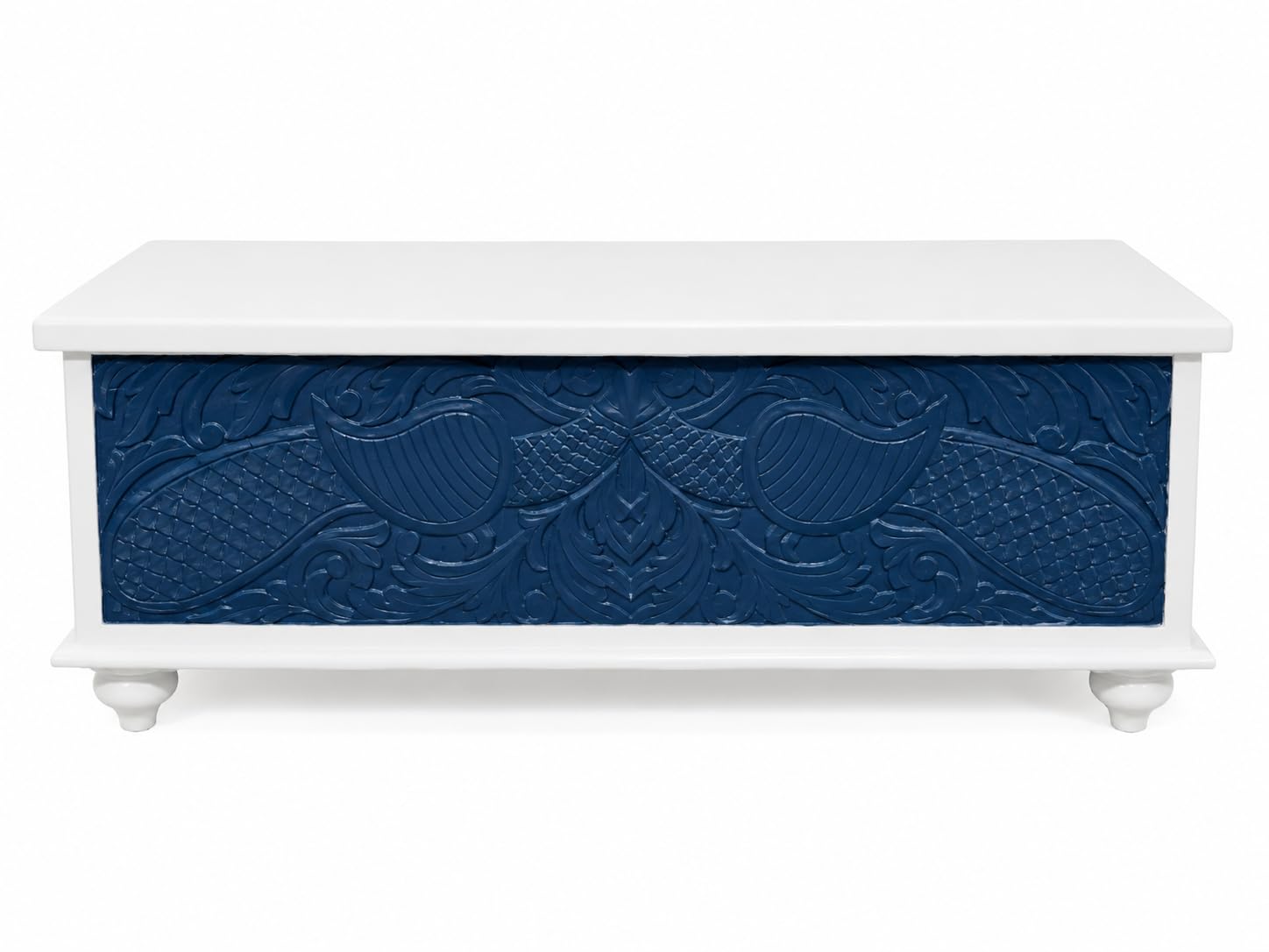 solid wood storage trunk box with lid | white & navy blue hand carved blanket chest | modern farmhouse wooden storage chest | decorative coffee table trunk for living room & bedroom
