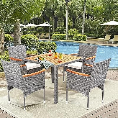 ARTBUSKE 5 Pieces Patio Dining Sets for 4 Outdoor Patio Furniture Sets with Acacia Wood Table Top Outdoor Table and Chairs Wicker Outdoor Furniture Set for Patio Yard Deck Gazebo,Grey