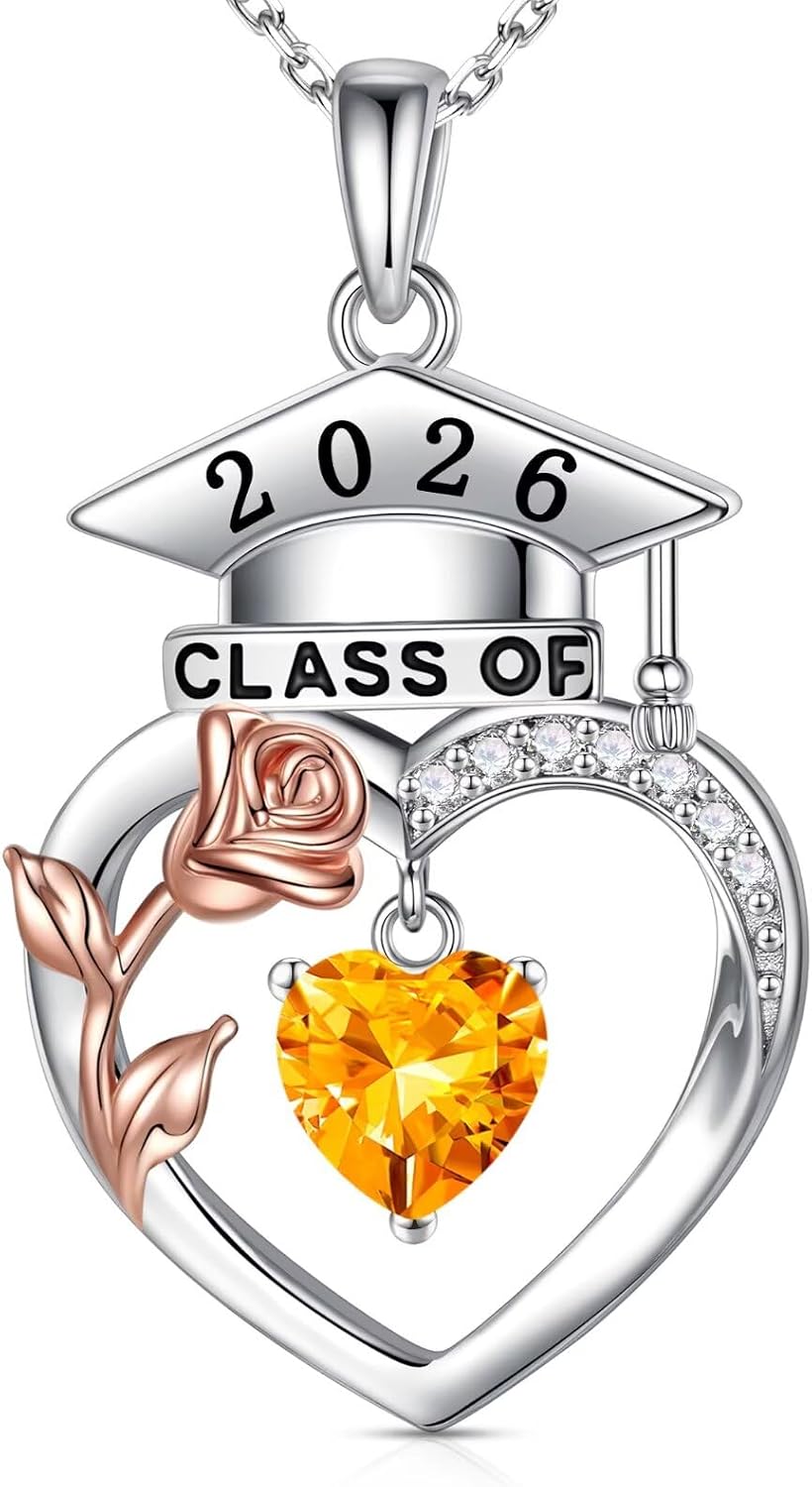 Iefil 2026 Graduation Gifts for Her - 925 Sterling Silver Rose Birthstone Necklace, 2026 Graduation Necklaces for Women Daughter Girlfriend Sisters
