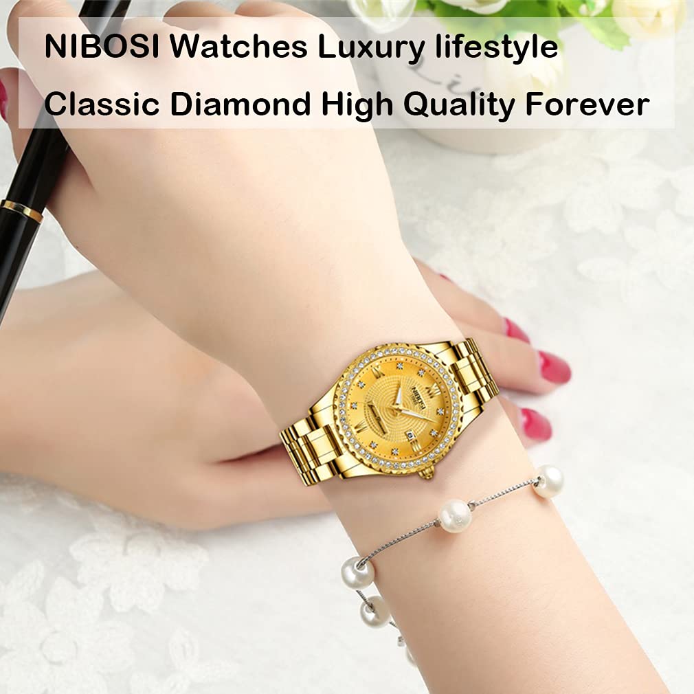 NIBOSI Watches for Women Diamond Luxury Gold Silver Ladies Female Classic Fashion Analog Quartz Waterproof Stainless Dress Luminous Day Date Wife Gifts Wrist Watch