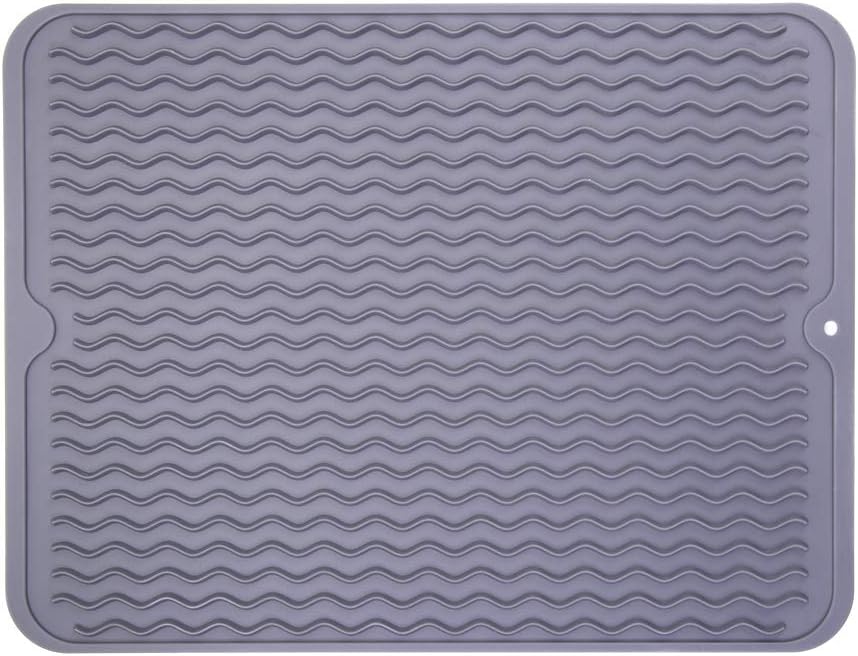 Eco-friendly Silicone Dish Drying Mat Large Reusable Non-slipping and Heat Resistant Dish Quick Drying Pad, Dishwasher Safe, Gray Large 15.8”x12”