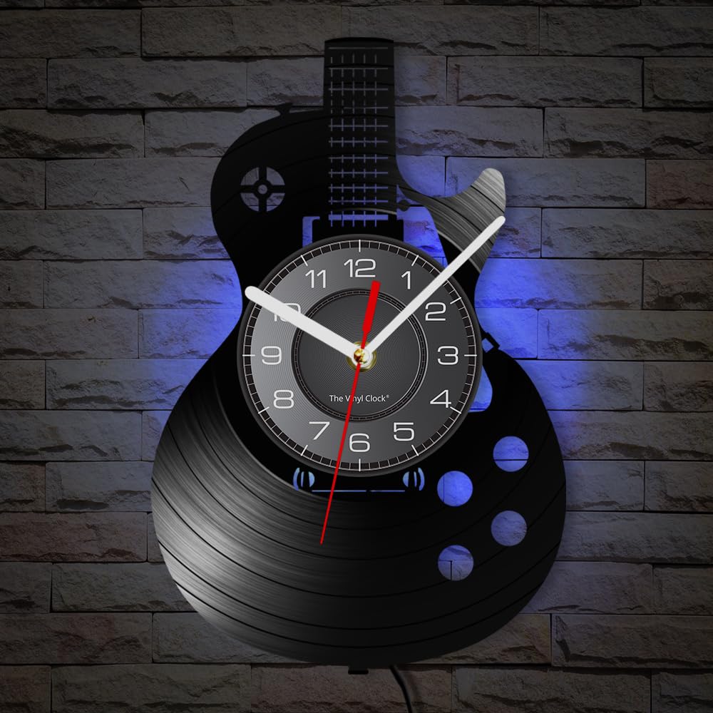 Acoustic Guitar 12" LED Vinyl Wall Clock 7 Colors Changing with Remote Control Musical Instrument Bedroom Wall Decor Vinyl Record Night Light Wall Clock Rock N Roll Music Gift for Men Cave