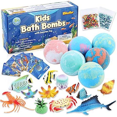 Bath Bombs for Kids with Surprise Toys Inside - 6 Handmade Fizzier Bath Bombs with 12 Funny Ocean Toys and Water Beads, Natural and Organic Bath Fizz Balls Kit for Birthday Gift with Girls and Boys Cover