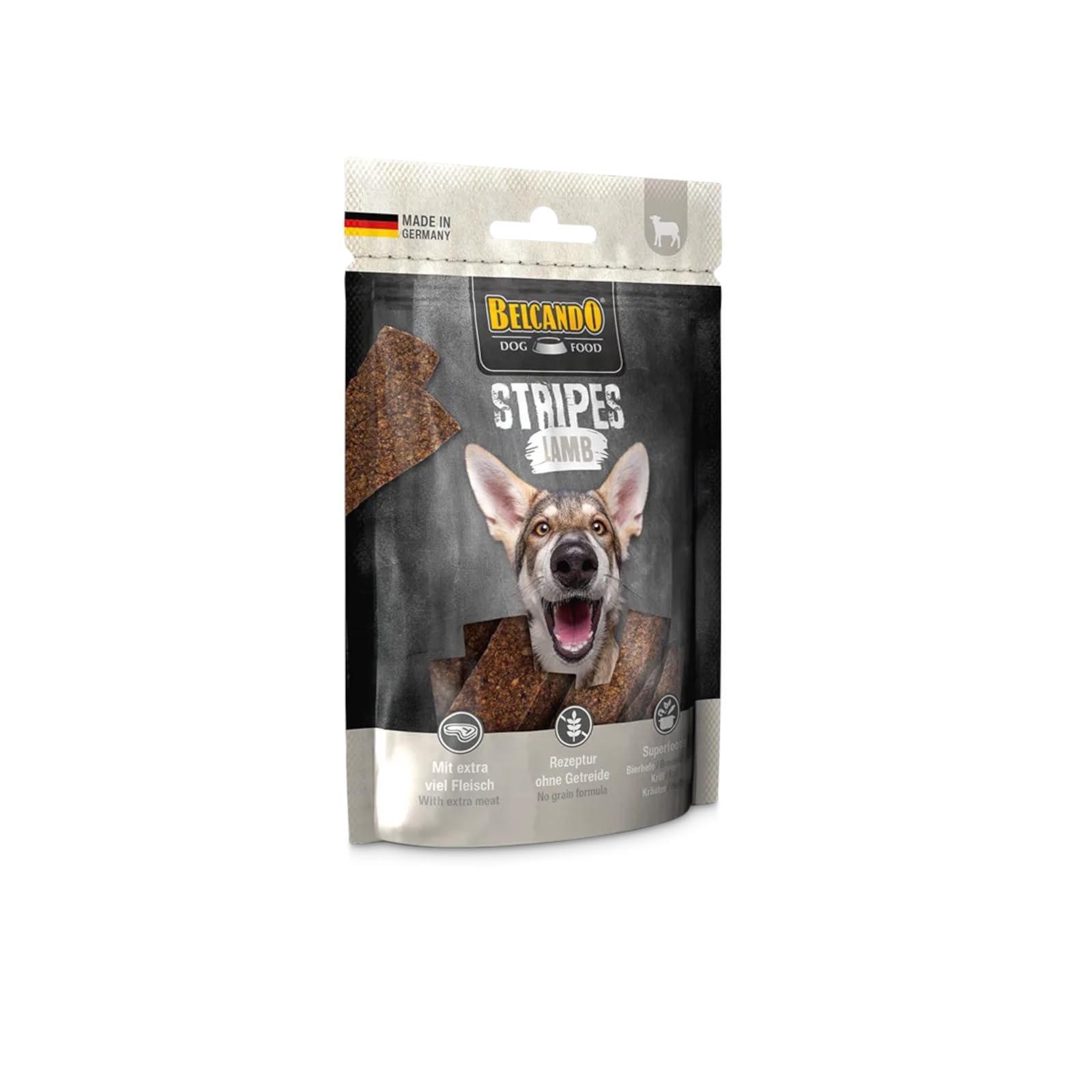 Belcando Stripes Lamb | Confezione da 8 | 8 x 70 g | Snack per cani | Con superfood: lievito di birra, krill ed erbe aromatiche | Senza cereali e senza zucchero | Con extra carne