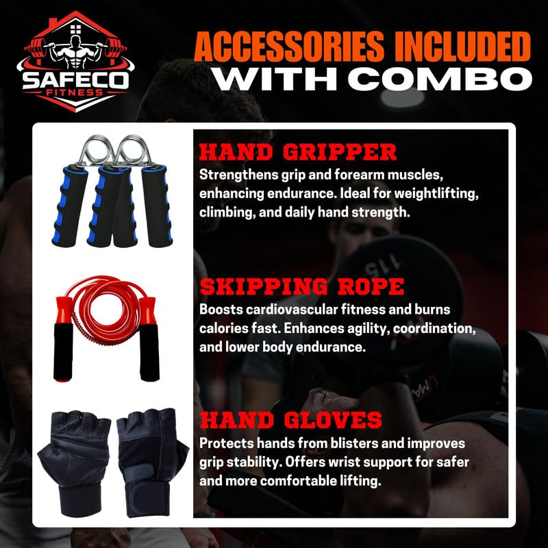 Image of Rubber Home Gym Combo 100KG with Weight Plates, 5ft Straight Bar, 3ft EZ Curl Rod, Dumbbell Rods, Gripper, Skipping Rope & Gloves for Full Body Workout