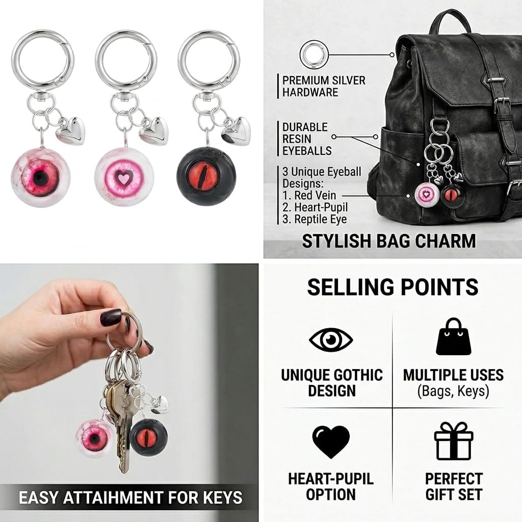 3PCS Spooky Eyeball Keychains, Dragon Eye Charms, Cute Halloween Key Rings | Multi-Style Eyeball Keychains, Gothic Halloween, Resin&Alloy, Vivid Print, Bag Charm&Party Gift