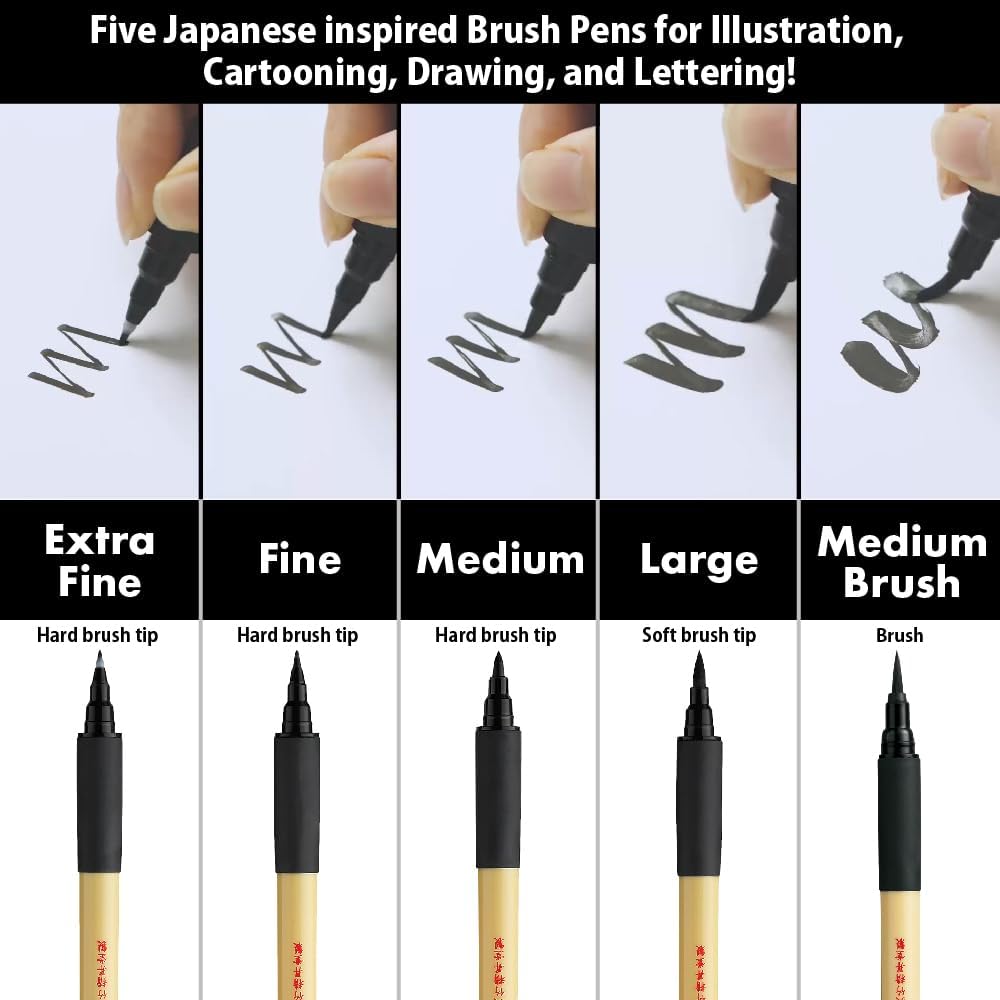 Kuretake Bimoji Brush Pen, Extra Fine, Midium, Broad, Midium/Bristles, Value Set of 5, XT/5VAZJ