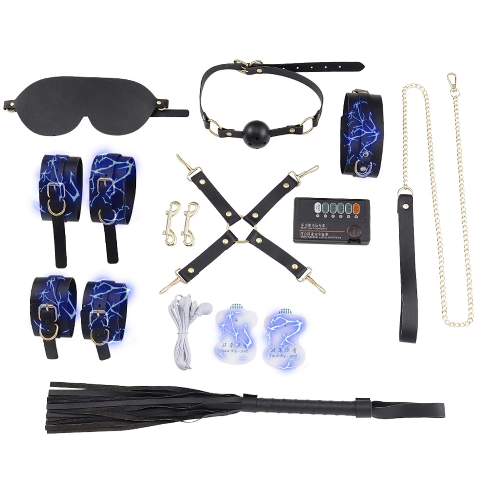 12er Elektro Shock BDSM Bondage Set Sex spielzeug für die Paare Sex Bondageset SM Kit Fesslset SM-Elektrische Stimulation Einstellbar Handschellen Fußfesseln mit Augenbinde Handgelenk (Schwarz)