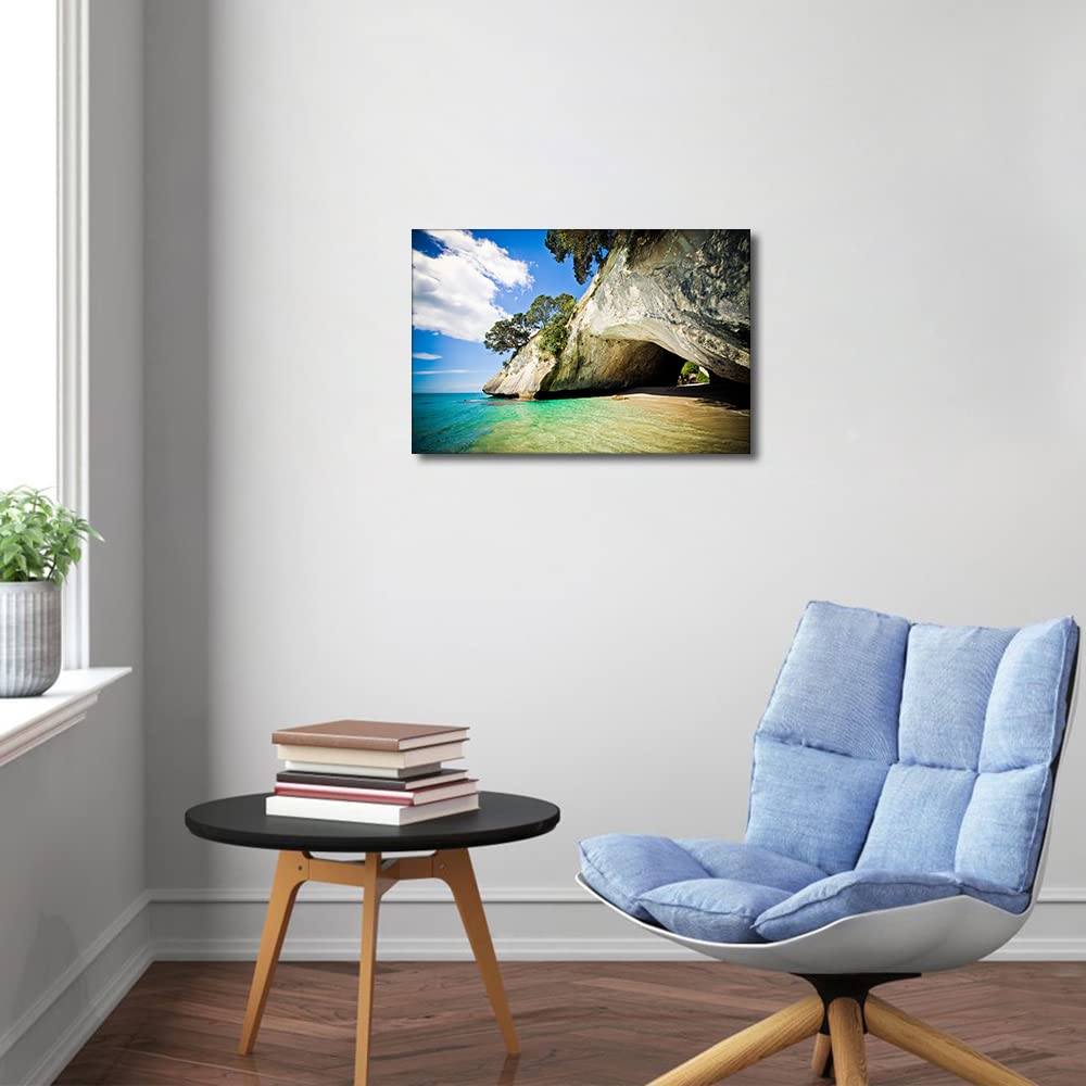 Canvas Wall Art Cathedral Cove Coromandel Peninsula in New Zealand Scenery Painting Prints Stretched and Framed Ready to Hang for Home Decorations Office Wall Decor 12x18inch - Image 2
