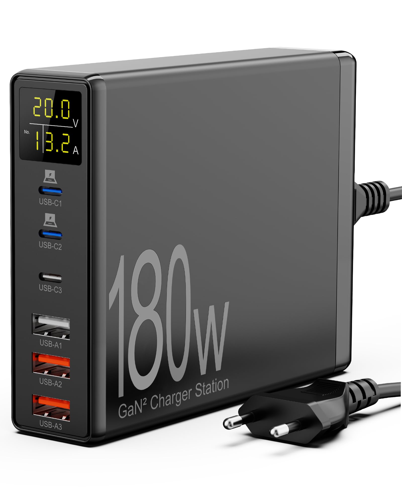 Caricatore USB C Multiplo 180w, PD3.0 QC4.0 Rapido Alimentatore USB C, 6 Porte Caricabatterie USB C Ricarica Rapida per MacBook Air, iPhone 14/13/12/11, iPad, Samsung, Huawei, Pixel, Laptop