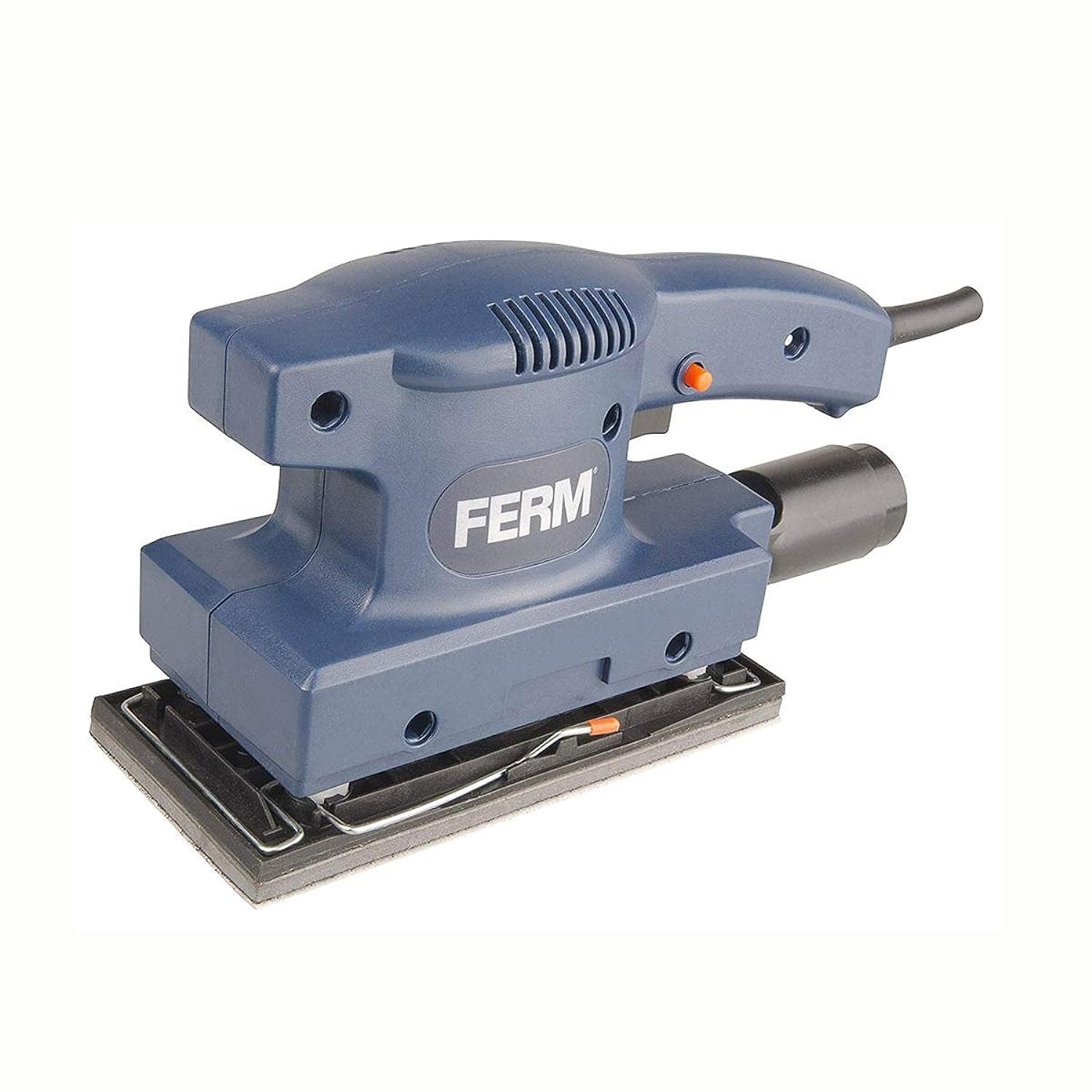 FERM PSM1027 Corded Electric Precision Sander, grey color, showing the main body, sanding plate, and power cord.