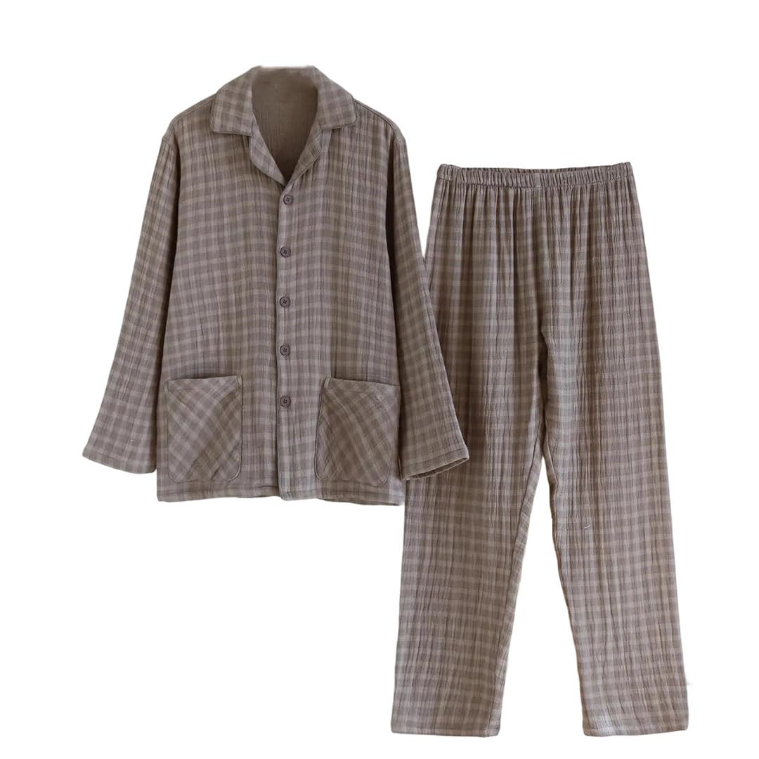 Conjunto de pijama de algodón de manga larga a cuadros para hombre y mujer, ropa de casa de dos piezas