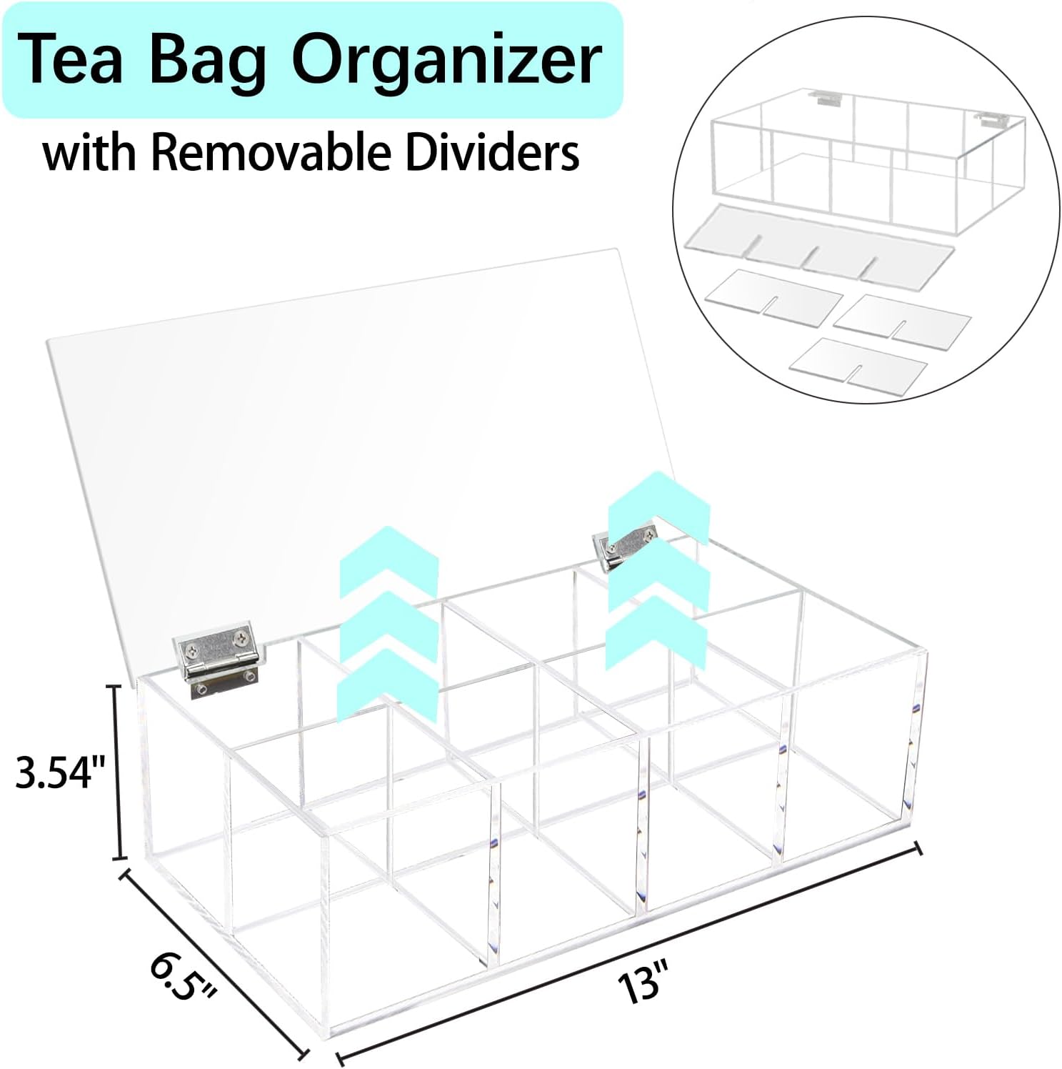 Tea Bag Organizer, Acrylic Tea Box with Lid, Clear Tea Bag Holder image 3