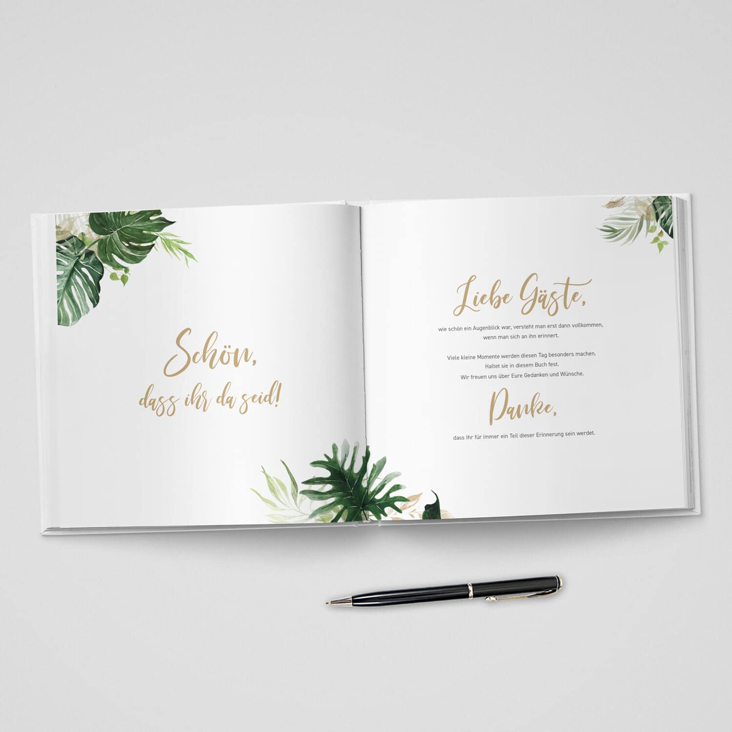 Gästebuch zur Hochzeit mit Fragen - quadratisch, Hardcover 104 Seiten - Hochzeitsgästebuch Hochzeitsalbum Hochzeitsbuch | Monstera Leaf (Motiv - eckig)