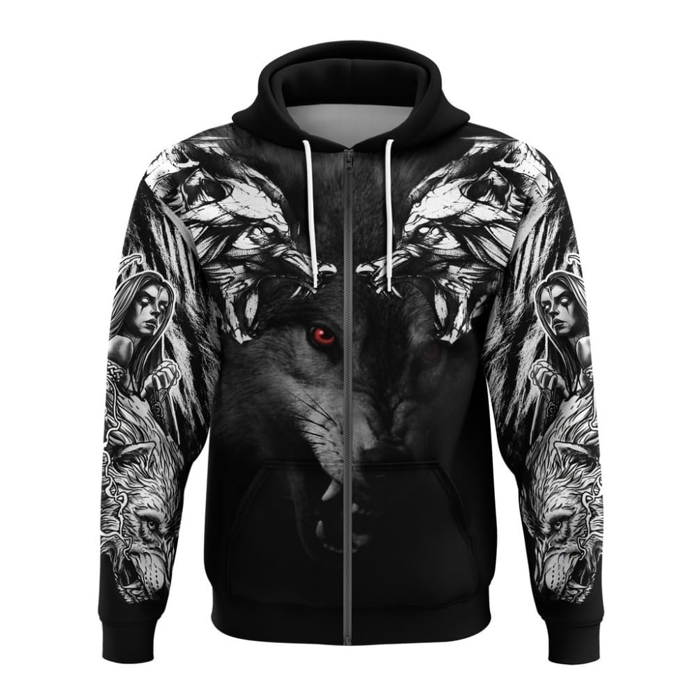 Viking Wolf Tattoos Printed Full Zip Men viking hoodie for Men, Norse Myth Triple Horn of Odin Pullover Sweatshirt Jacket