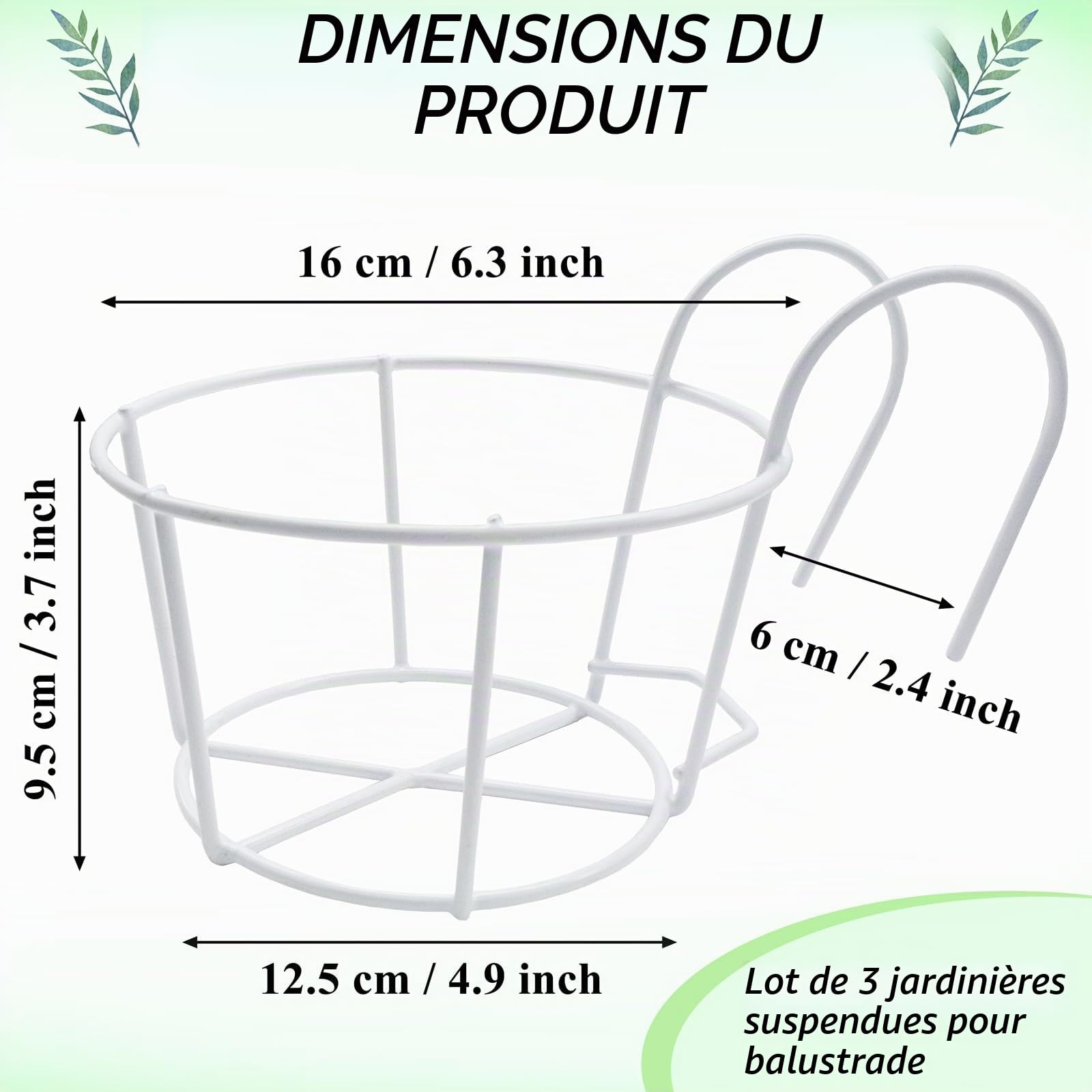 Lot de 3 supports de pot de fleurs ronds à suspendre - En métal - Pour balcon, balcon, jardin, balustrade, clôture - Blanc