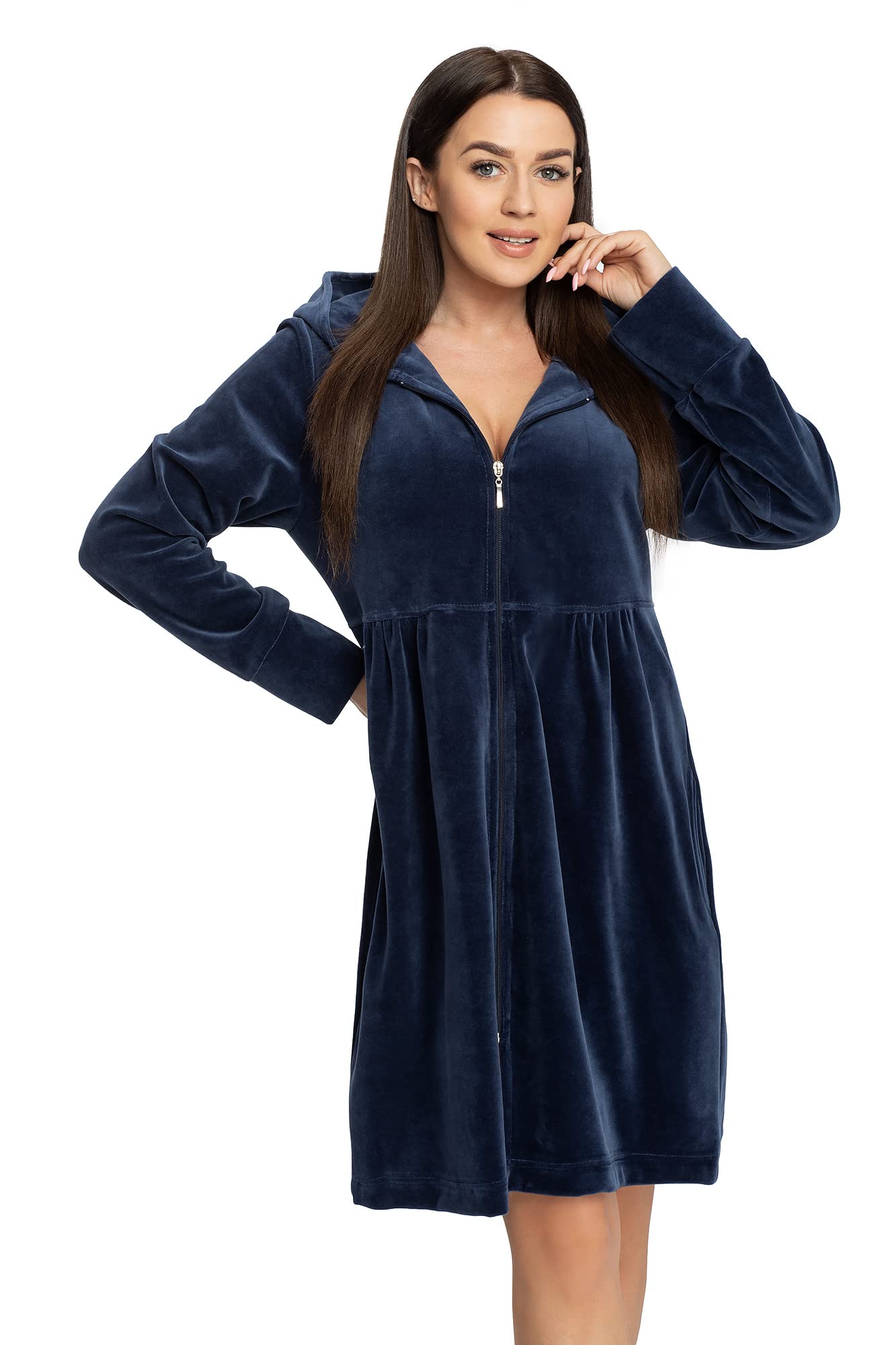 DOROTA - Accappatoio da donna morbido e moderno, in cotone, con tasche, zip e cappuccio, made in EU