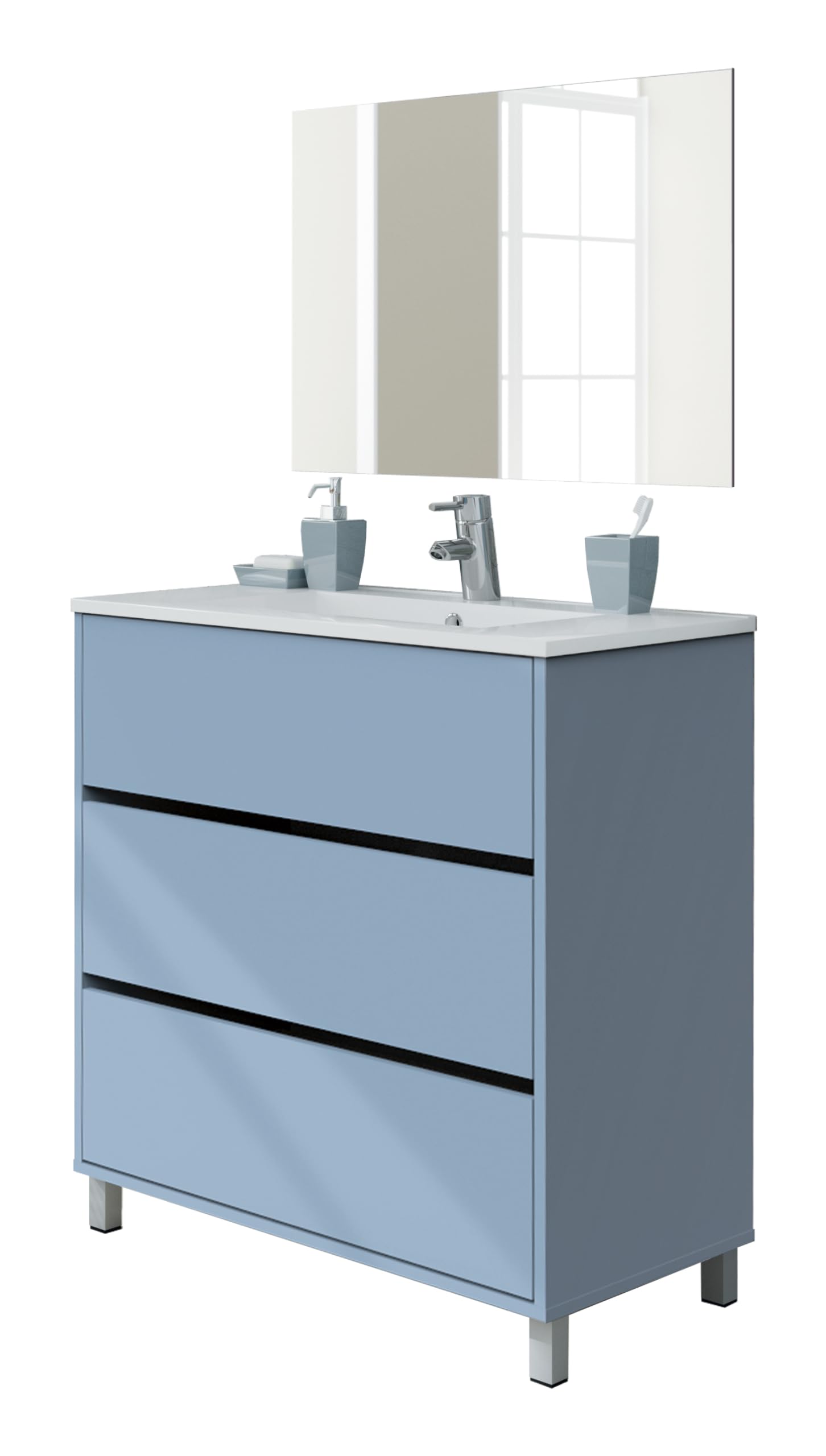MUEBLES PITARCH | Conjunto Mueble de Baño con Lavabo cerámico y Espejo Incluido, Azul, 3 Cajones, 80cm, Ancho con Patas, Roble Cambrian, para Lavabo encastrado, Estilo Moderno Modelo Kalma