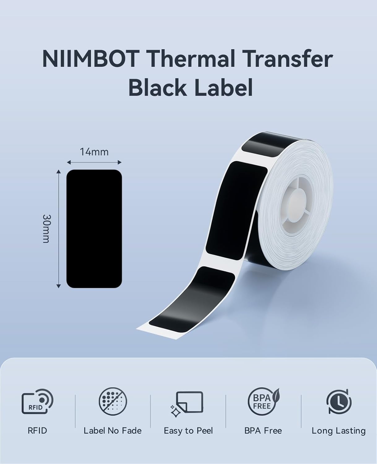 NIIMBOT B18/N1 Thermal Transfer Labels 0.55" x 1.18" (14x30mm), Only for B18/N1 Label Maker, PET Material, Waterproof and High-Temperature Resistance, Long Storage Time, Black - Image 2