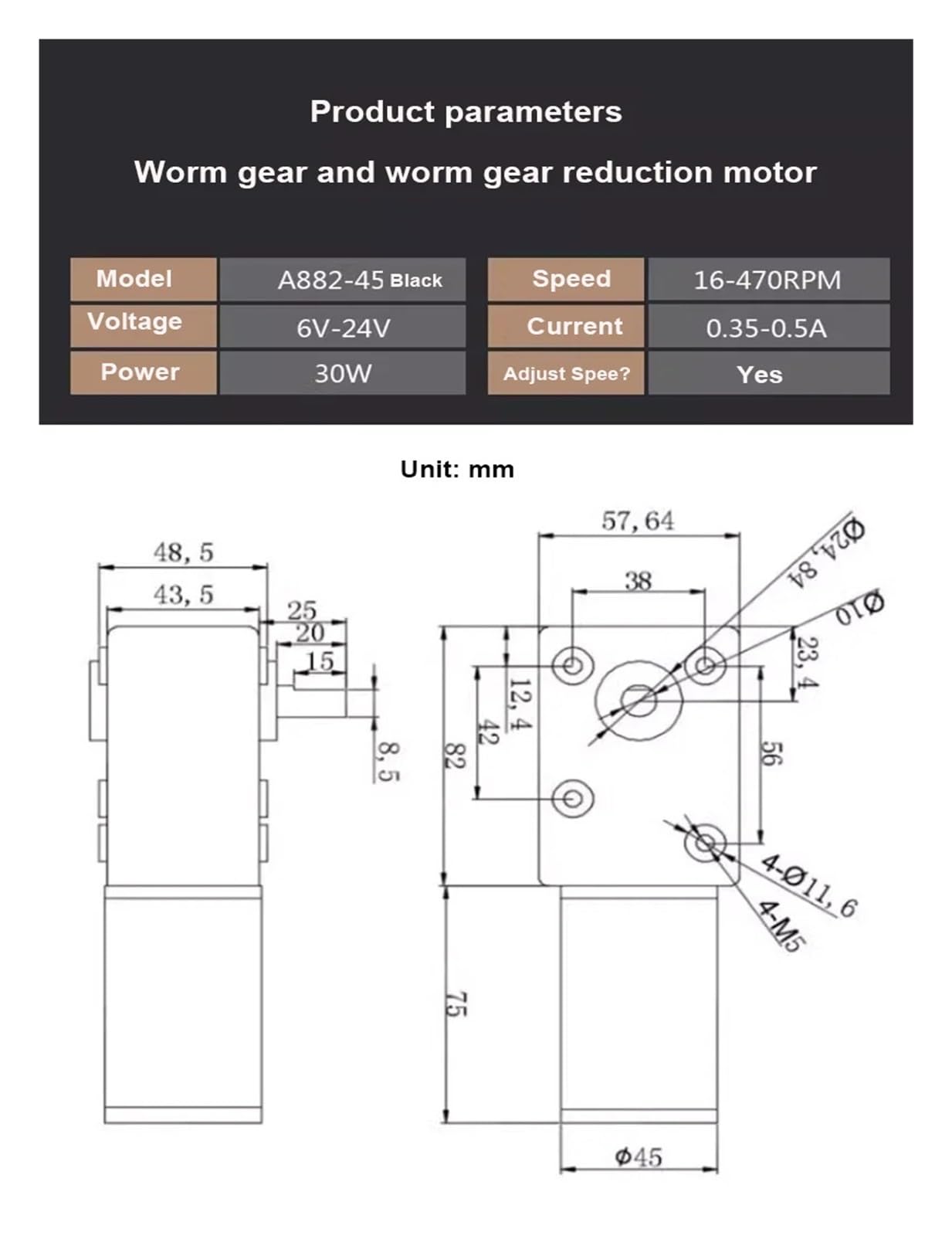 DC12V 24V Getriebemotor mit starkem Drehmoment Metall-Turbo-Schneckengetriebemotor Rückwärtsgang Niedrige Geschwindigkeit 250 kg.cm Selbstsperrender Schnecken-DC-Getriebemotor(24V 260rpm)