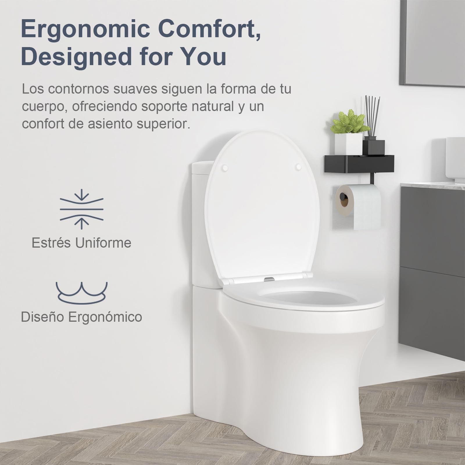 SURFOU Tapa WC Universal en Forma de O, Asiento de Inodoro de Duroplast con Cierre Suave, Soporta hasta 200 kg, Desmontaje Rápido para Limpieza Fácil, con Gomas para Fijación Estable
