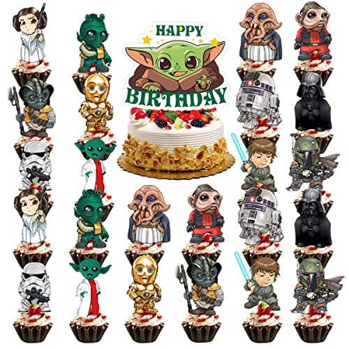 XRHOT Star Wars Cupcake Toppers 25 Stücke Star Wars Happy Birthday Tortendeko Geburtstag Cupcake Toppers Cake Topper für Kinder Geburtstagsfeier Kuchen Dekorationen Cover