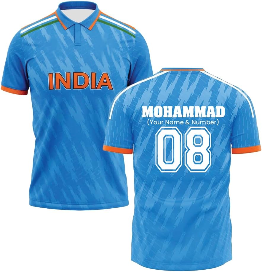 PRINTSHOP4MEStylish India Cricket Fan Blue Jersey - Personalized India Unisex Sports Cricket Jersey - India Cricket Blue Jersey Customizable Name and Number - Jersey Scarf Cap Combo Gift for Cricket Enthusiasts