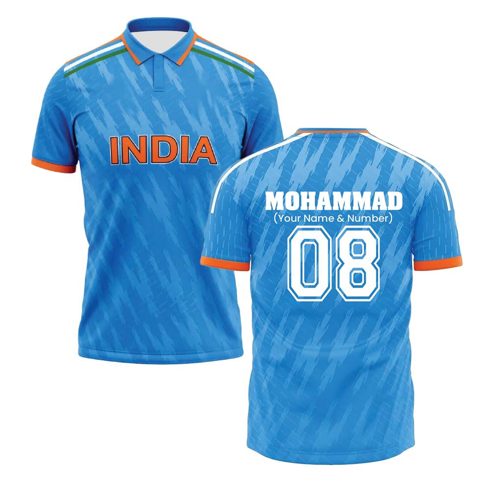 PRINTSHOP4MEStylish India Cricket Fan Blue Jersey - Personalized India Unisex Sports Cricket Jersey - India Cricket Blue Jersey Customizable Name and Number - Jersey Scarf Cap Combo Gift for Cricket Enthusiasts