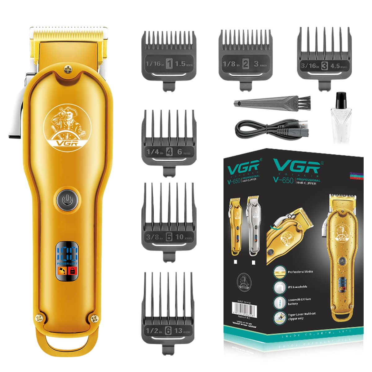 VGR V-650 Professional cordless Hair Clipper with LED Display, Stainless steel Blades, USB Charging cable, 6 Guide Comb, Taper Lever Adjustments Runtime: 200 mins, 2000 mAh Li-ion Battery, Gold-image-34