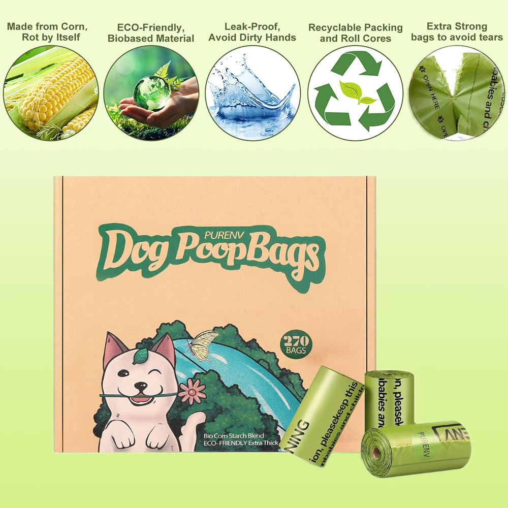 PURENV Biodegradabili Sacchetti Cane, Sacchetti per Cani, Extra Spesso a Prova di perdite, Sacchetti Cane Fatti da Miscela di Amido di Mais (270 Sacchi)