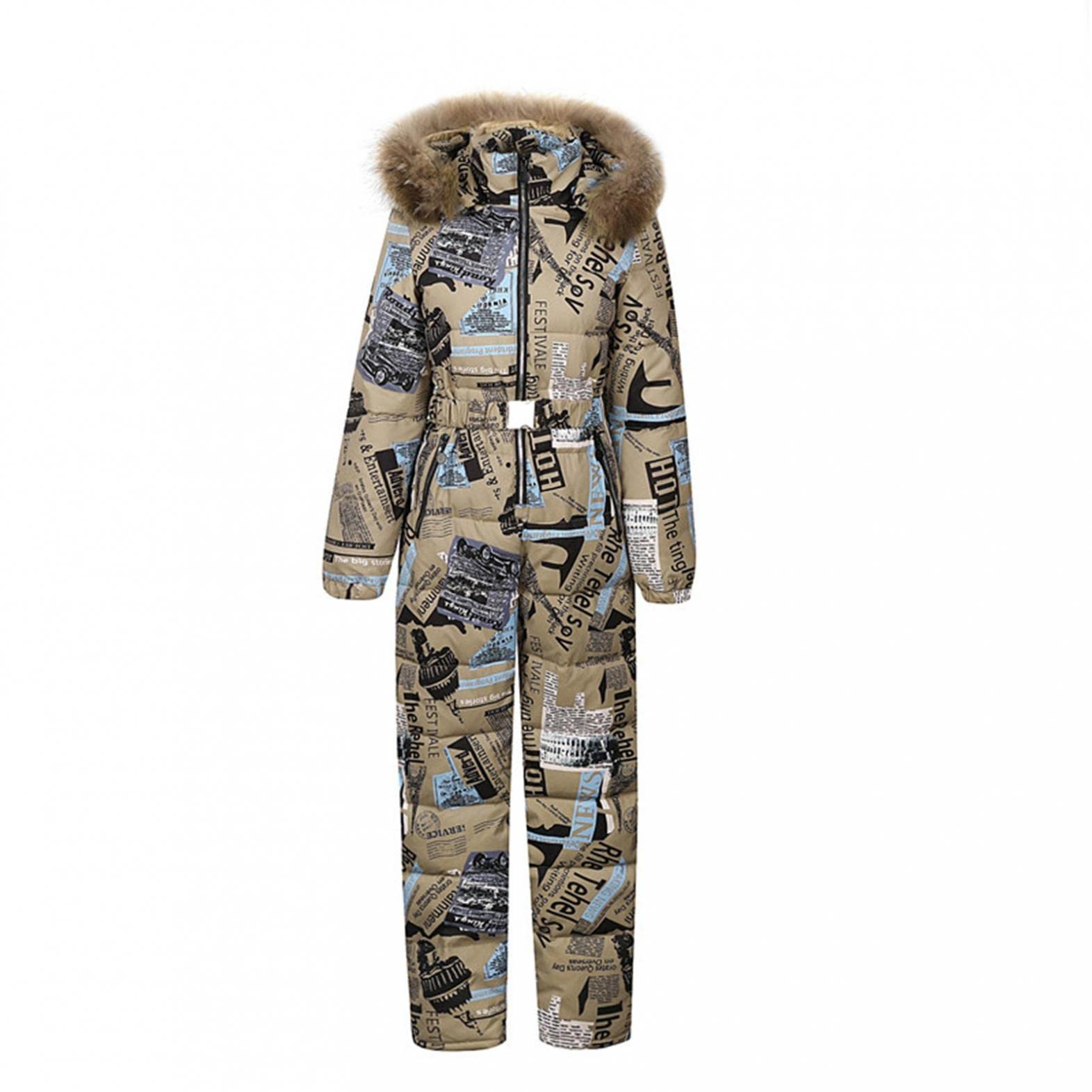 Traje de esquí de una pieza para mujer, mono de esquí largo con capucha y cremallera con capucha y capucha, cálido para invierno, para deportes al aire libre, traje de esquí o snowboard, mono, Café