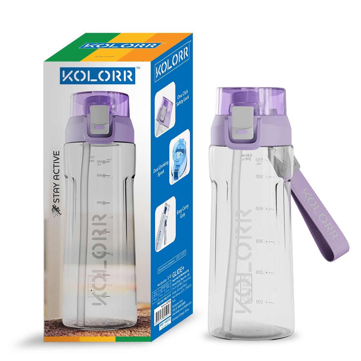 KOLORR Glide 630 ml Motivational Sports Water Bottles, Leakproof Non-Toxic Water Bottle, Gym, Office, School with Straw - Pink & Purple| Stylish Strap, One-Click Lock (B0D5VGVM5Z) Amazon Price History, Amazon Price Tracker