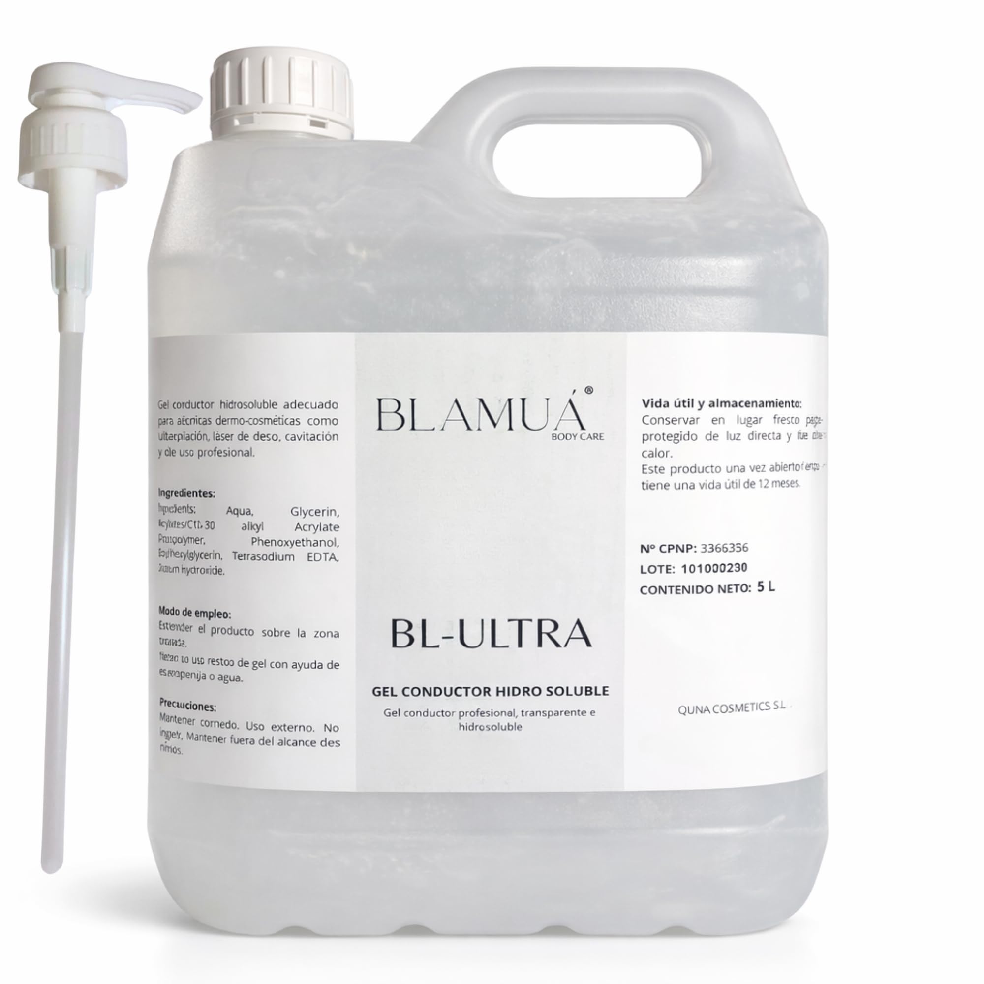 BL-ULTRA Gel Conductor para Fisioterapia y Estética + Tapón Dosificador (5000 ml) | Hidrosoluble, Alta Conductividad para Ultrasonido, Cavitación, RF y Láser | Transparente y Viscoso | Profesional