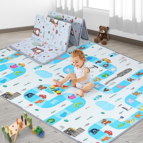 Image of MEM Baby Play Mat 79" x 71", Foldable Baby Play Mats for Floor, Reversible Waterproof Foam Playmat for Babies and Toddlers, Extra Large Non-Slip Baby Crawling Mat with Travel Bag