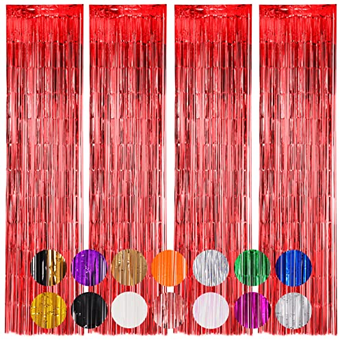 Image of Voircoloria 4 Pack Red Foil Fringe Backdrop Curtains, Tinsel Streamers Birthday Party Decorations, Fringe Backdrop for Graduation, Baby Shower, Gender Reveal, Disco Party